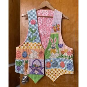 Vintage Easter Sequin Beaded Vest Rabbits Eggs Handmade Quilted Lace Basket Sz L
